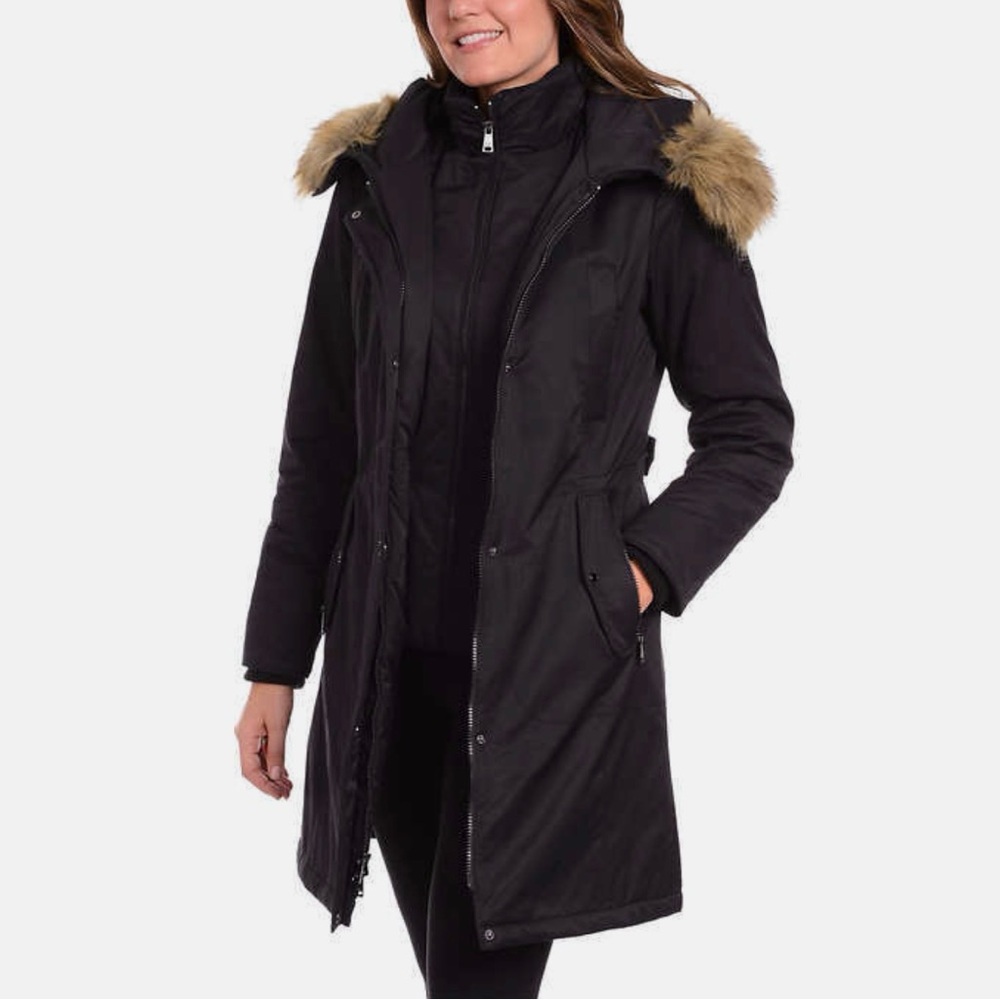 1 Madison Expedition Faux Fur Hooded Parka Coat Black L NWT F51 - Picture 2 of 9